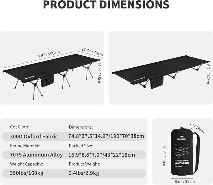 Naturehike ArmyWild Folding Camping Cot Height Adjustable Ultralight Backpacking Cot Portable Camping Bed for Camping Hiking Travel Home