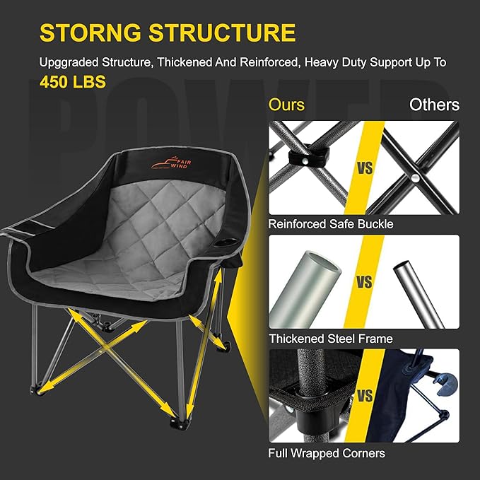 FAIR WIND 2 Pack Oversized Padded Camping Chair Heavy Duty Quad Fold Arm Chair Portable for Outdoor - Support 450LBS Black