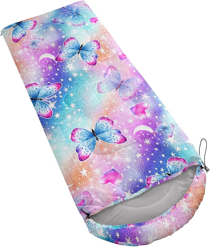 QOOMO Colorful Butterfly Printed Camping Sleeping Bags3 Season Warm &amp Cool WeatherLightweightWaterproof Sleeping Bags for Adults &amp KidsTravelingand OutdoorsCamping Gear Equipment31x90in