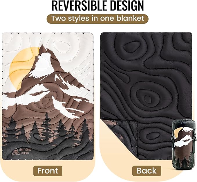 ONETIGRIS Ultralight Camping BlanketWaterproof Stadium Blanket Poncho Packable Puffy Quilt Puffy Printed Camping Blanket with Snap Buttons &amp Corner Loops