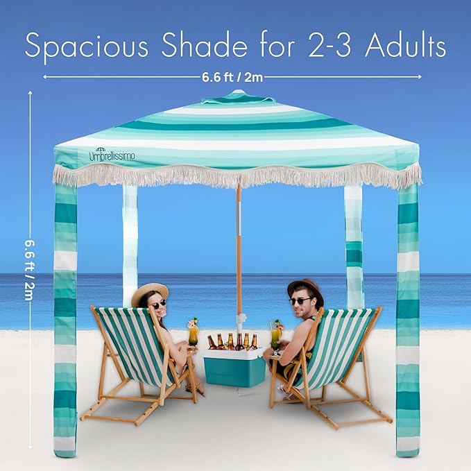 Premium Beach Cabana - Umbrellissimo Aqua Ombre. Includes sand anchor canvas with designer prints &amp fringe finishes sand pockets pegs matching carry bag. Easy set up 6.6'x6.6' of cool UPF50+ s