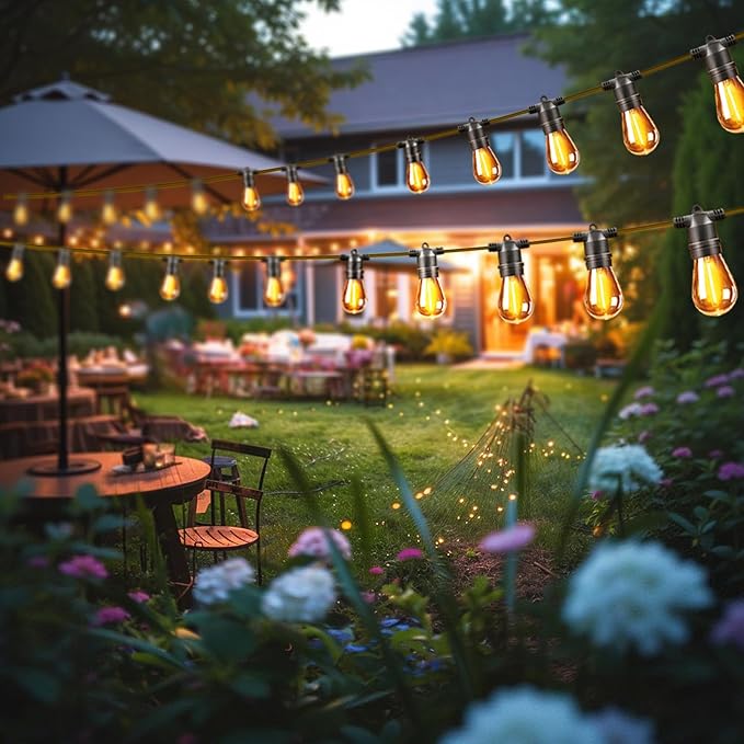 Outdoor Solar String Lights 49FT 15 Shatterproof &amp Waterproof LED Patio Lights with Remote Dimmable &amp Timer Functions 2700K Warm White Commercial Grade Decorative Hanging Lights