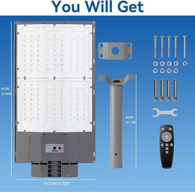 10500W Solar Street Lights Outdoor 2PCS 650000LM 7000K Solar Parking Lot Lights Dusk to Dawn 40000mAh IP67 Waterproof Pole Security Flood Lamps with Motion Sensor and Remote for Yard Driveway