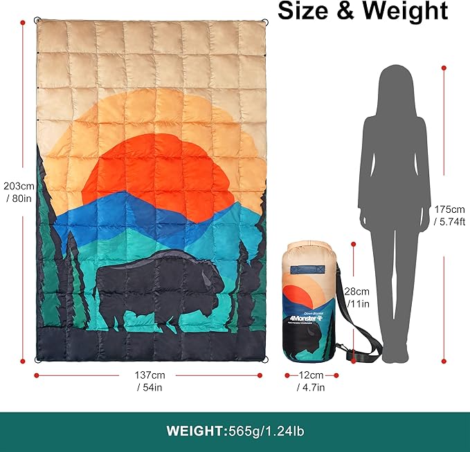 4Monster Down Camping Blanket - Outdoor Travel Quilt Puffy 650 Fill Packable LightweightWind &amp Waterproof | Ideal for Stadium BackpackingPicnics Beach and Hiking