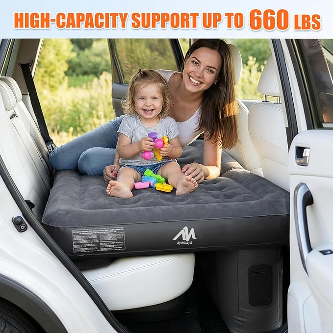 AYAMAYA Car Air Mattress Back Seat Inflatable Car Bed with Built-in Cordless Rechargeable Air Pump for SUV Sedan All-in-One Car Mattress with Pillow &amp Support Column for Camping Road Trip Tra