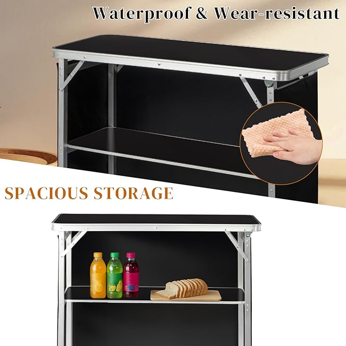 Folding Mobile Bar Table Tradeshow Podium Table with Carrying Bag Storage Shelf and Black Skirt Portable Bar Tables for Events Indoor Outdoor Party Picnic Camping 111 lbs Capacity (Black)