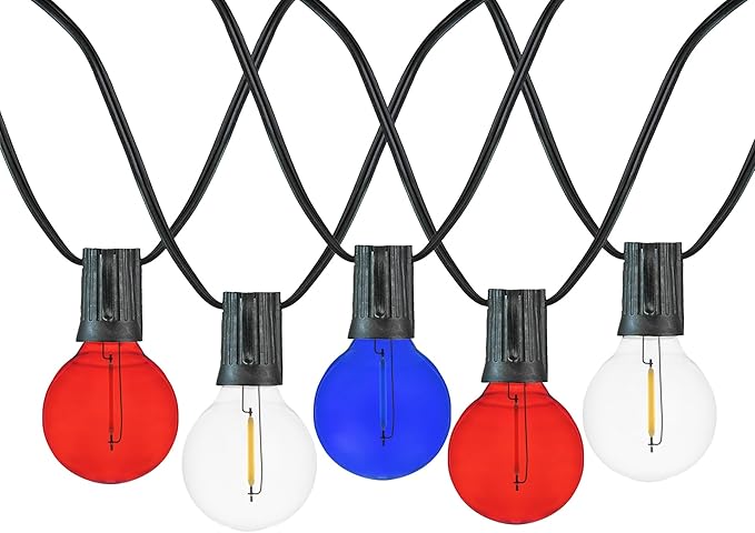 Novelty Lights G40 Filament LED String Light Translucent Red/White/Blue Bulbs 25 Globe Lights with 12 Spacing on Black Wire Indoor/Outdoor Festive Patio Lights