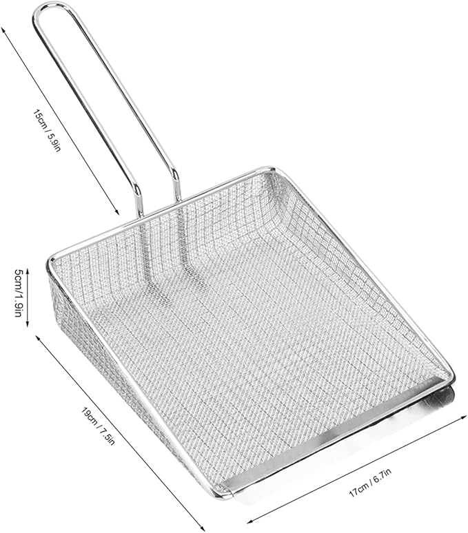 Multi Function Stainless Steel Frying Shovel Kitchen Mesh Scooper Strainer for French Fries Heat Filter with Long Handle for Deep Frying and Boiling