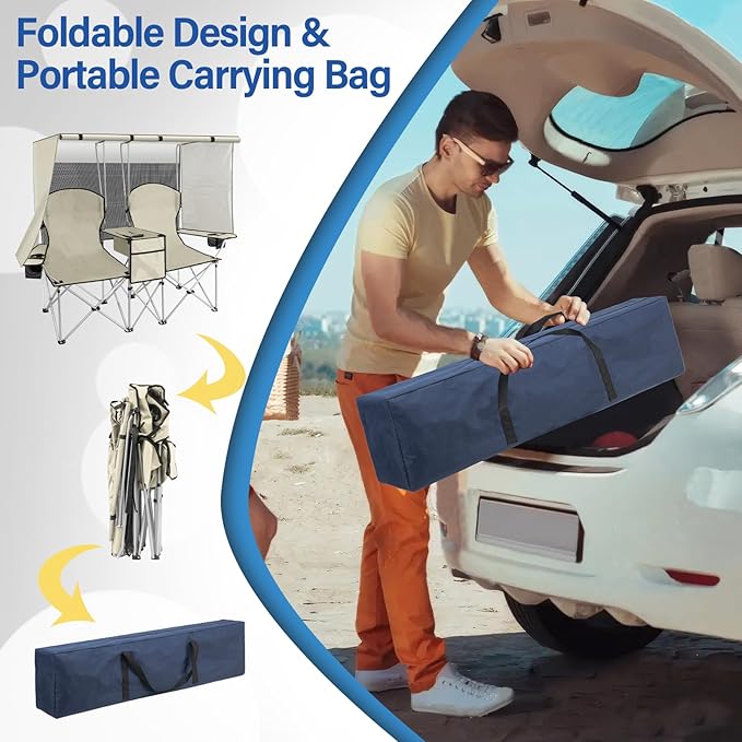 PLKO Portable Double Camping Chair with Canopy ShadeHeavy Duty Beach Chairs for AdultsFolding Beach Chair with Cooler Bag for Sports Backyard Fishing Outside（White）