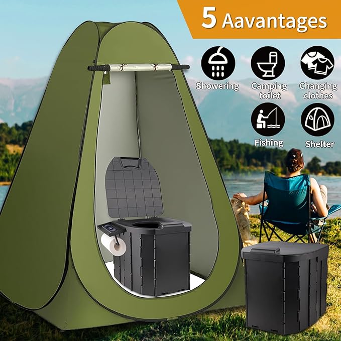 Portable Toilet Kit Larger Size Portable Camping Toilet with Pop-Up Privacy Tent and Poo Gel Toilet Bags Width of 4.93 Feet Tent Washable Outdoor Showers Changing Rooms