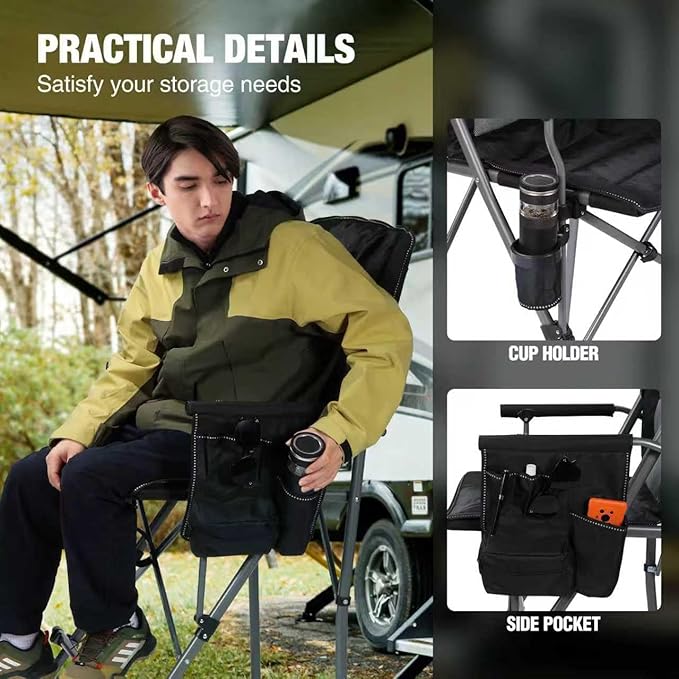 REDCAMP Oversized Tall Camping Chair for Adults with Adjustable Backrest 2 Pack Portable High Folding Directors Chair Foldable Bar Height Stool with Makeup Pocket for Lawn Sport Face Painting Black