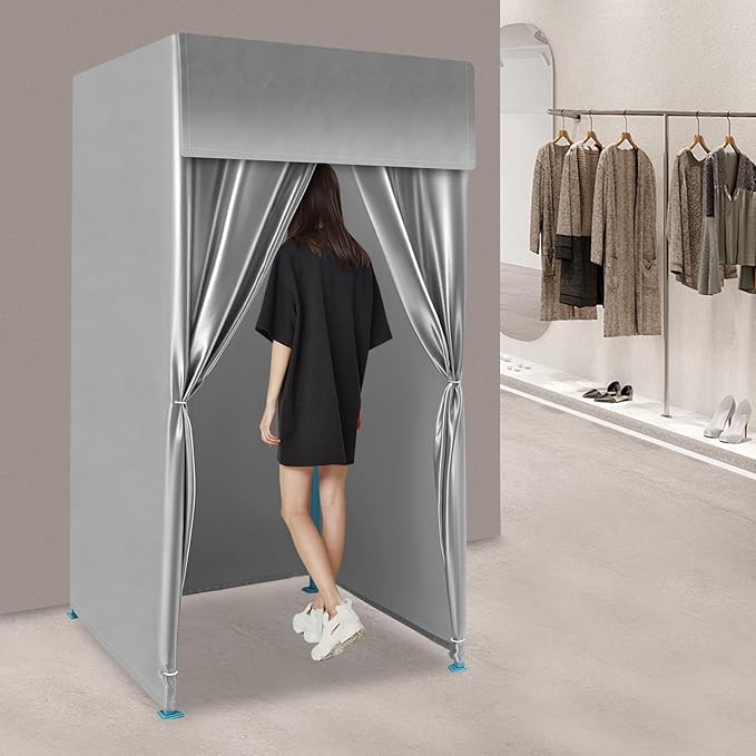 Heavy-Duty Portable Folding Fitting Room with Blackout Curtains - Large Changing Room for 3-4 People Freestanding Privacy Tent for Events Retail Stores &amp Outdoor Use Silver Gray