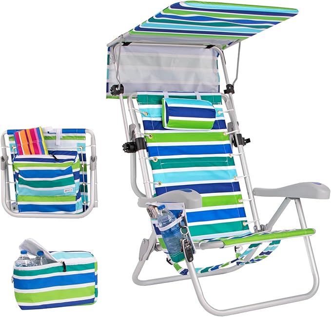 Ultimate Heavy Duty Aluminum Lace-Up Folding Backpack Beach Chair for Adults | Low Seat Lay Flat 5 Reclining Positions | Removable Insulated Cooler Pouch &amp Canopy for UV Protection