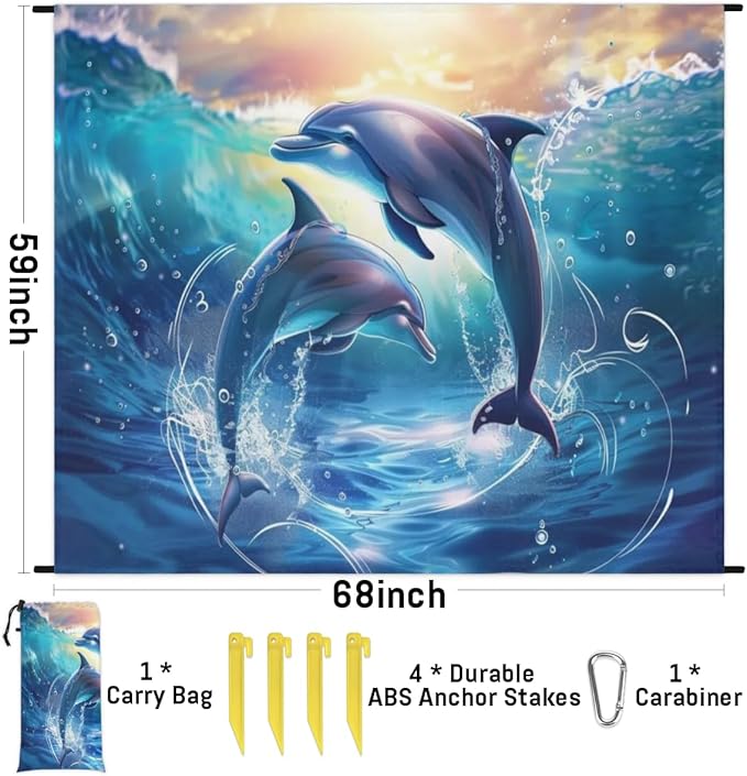 Ocean Dolphins Beach Blanket Waterproof Sandproof Sea Dolphins Extra Large Beach Mat Sand Free Quick Drying Lightweight Durable Outdoor Picnic Blanket for Travel Camping Hiking