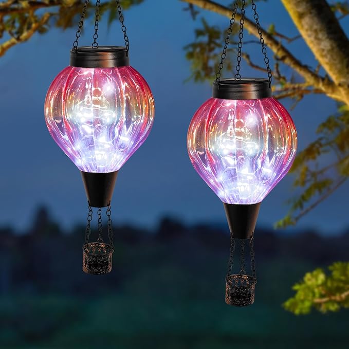 2PC Hot Air Balloon Solar Lantern Outdoor Waterproof Gradient Orange Glass Balloon Lantern Lights Hanging Solar Lights for Outside Patio Garden Tree Porch Yard Gift for Women Mom
