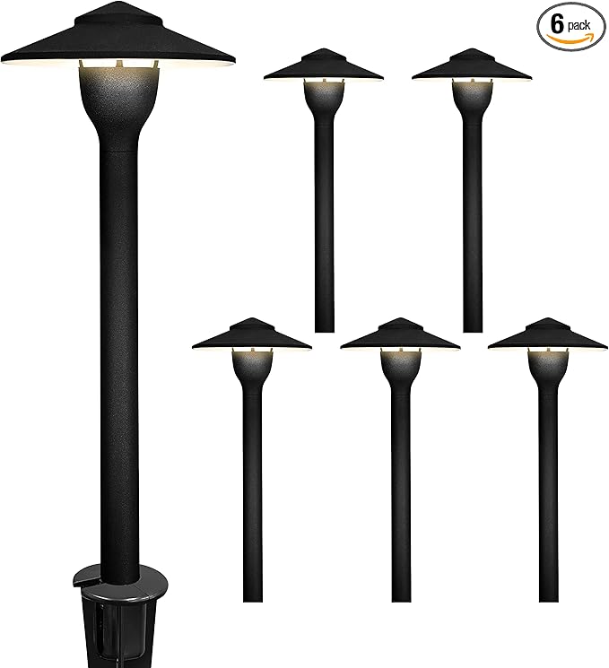 GKOLED 6-Pack Aluminum Pathway Lights Low Voltage LED Landscape Path Light 9-15V AC/DC Outdoor Walkway Lighting with 3W 3000K Integrated LED Chips for Yard Lawn Ground Stake Black