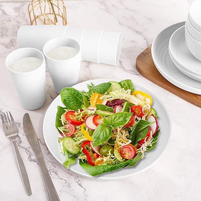 White Plate Set Dishes Set for 8 includes Dinner PlatesPasta BowlsSoup Bowls and Drinking CupsUnbreakable White Dining Dishware Sets Microwave Dishwasher Safe For Kitchen Dorm Office Outdoor32PCS