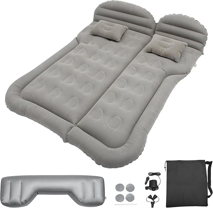 X AUTOHAUX Car SUV Air Mattress Camping Bed Cushion Pillow Flocking Mattress with Electric Air Pump Portable Sleeping Pad Universal Inflatable Thickened for Travel Camping Gray