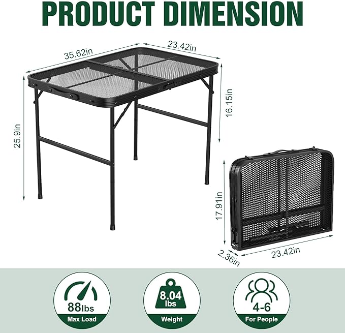 Camping Table with Mesh Desktop Height Adjustable Outdoor Folding Table Lightweight Metal Grill Table for Camping Picnic BBQ Beach Party RV