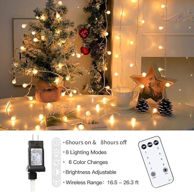 Globe String Lights 65.6 Feet 150 LED Plug in Crystal Fairy String Lights with Remote Timer 11 Modes Indoor Outdoor Hanging Globe Lights for Wedding Bedroom Classroom Patio Garden