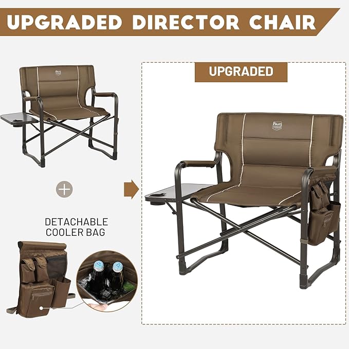 TIMBER RIDGE XXL Upgraded Oversized Directors Chairs with Foldable Side Table Detachable Side Pocket Heavy Duty Folding Camping Chair up to 600 Lbs Weight Capacity (Brown) Ideal Gift 2 Pack