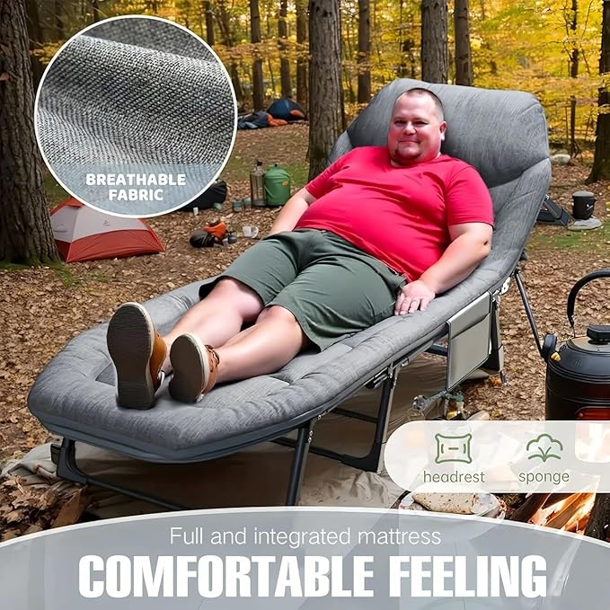 Leo IRis Portable Folding Camping Cot Oversize Adjustable 5-Position Adults Reclining Lounge Chairs with Pillow Heavy Duty Oxford Cloth 600D with Mattress (Gray - Luxury Bed)
