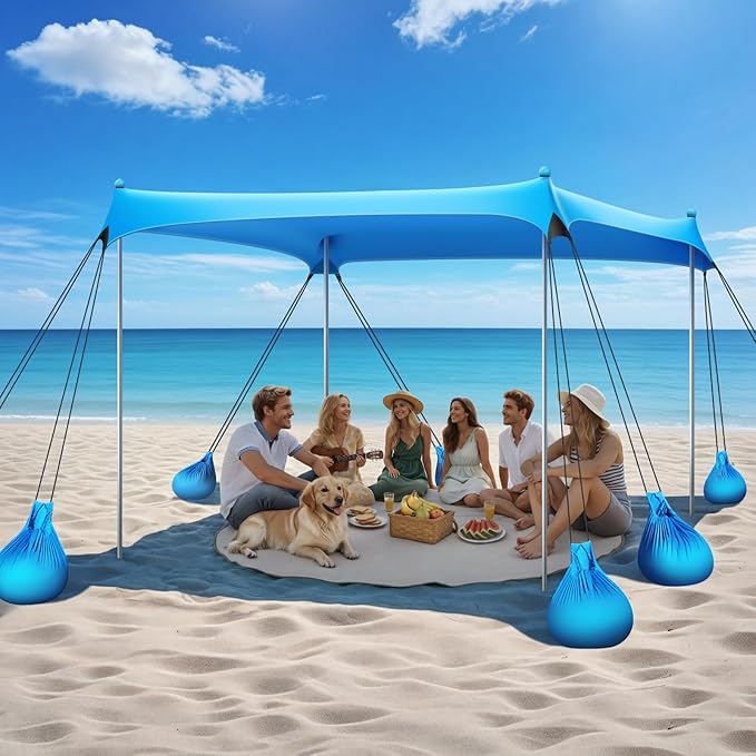Beach Tent Sun Shelter 10 x 10 FT Beach Canopy Tent Sun Shade UPF50+ Tents Canopy with 8 Sandbags &amp 4 Stability Poles Outdoor Tents for Camping Fishing Sky Blue