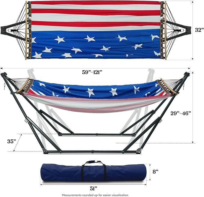 Tranquillo Sturdy Steel Hammock with Stand Premium Cotton Canvas Hammock 600 lbs Capacity Hammock Stand Folding Portable 30-Second Fold Unfold for Camping American Flag