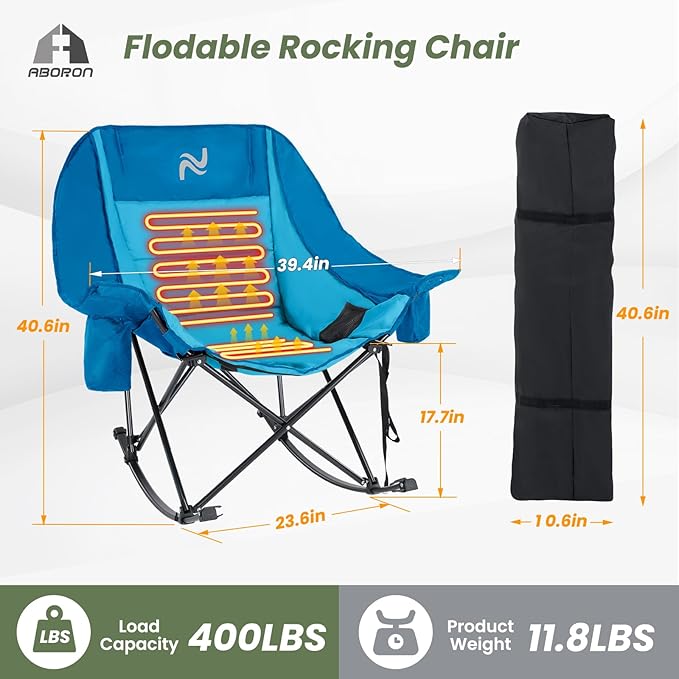 ABORON Heated Oversized Rocking Camping Chair for Adults Fully Padded Folding Outdoor Lawn Chair with Side Pocket Portable Recliner Chair for Camp Patio Backyard Supports 400 lbs