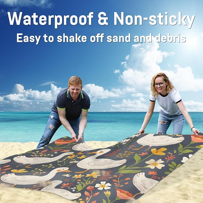 Waterproof Sandproof Beach Blanket 59''×68'' Duck Polyester Outdoor Picnic Blanket with 4 Stakes &amp Storage Bag for BeachCampingVacation Animal