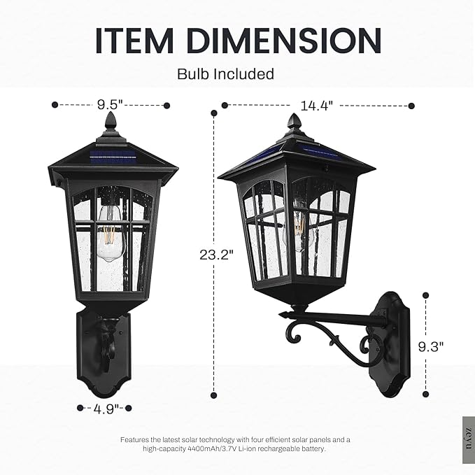 zeyu Solar Outdoor Front Porch Light Large Outdoor Wall Mounted Light with Remote Die-Cast Aluminum with Seeded Glass Shade Black Finish ZYX113B-M SL BK