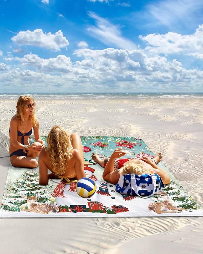 Beach Blanket Waterproof Sandproof OversizedSnowman Deer Christmas Tree Poinsettia Beach Mat with Corner Stakes Sand PocketsXmas Ornaments Berry Leaf Picnic Mat for Travel Camping Hiking83x79In