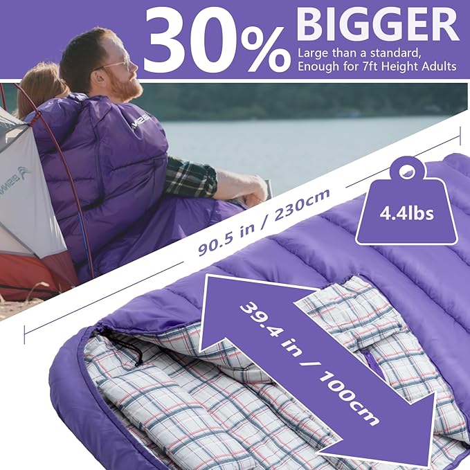 BISINNA Flannel XXL Sleeping bag (90.55x39.37) Wearable Sleeping Bag for Alults 3 Season with Pillow Compressdin Sack for Hiking Camping Backpacking Outdoor