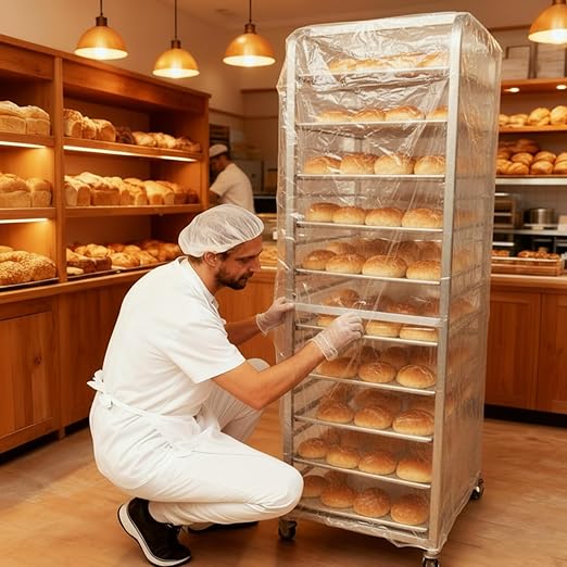 100 Pack Disposable Bun Pan Rack Covers 53x79 Clear Plastic Commercial Grade Food Safety Covers for Sheet Pans and Wire Racks