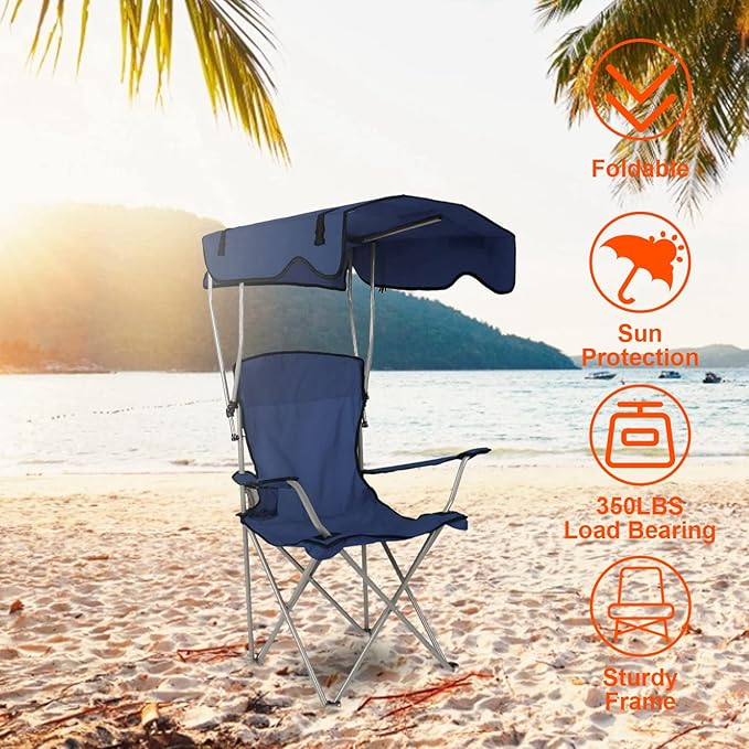 Camping Chair with Canopy Outdoor Folding Lounge Chair with Adjustable UPF 50+ Sun Shade &amp Cup Holder Portable Camping Recliner for Camp Beach Outdoor Sports 350LB Max Support - U.S Spot