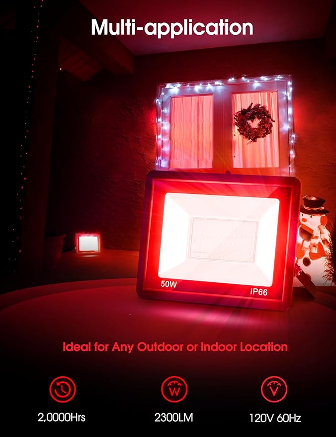 L LOHAS LED Red Flood Light Outdoor 𝑫𝒖𝒔𝒌 𝒕𝒐 𝑫𝒂𝒘𝒏 50W Plug in Flood Light IP66 Waterproof Christmas Party Decorations 2300lm Outdoor Lights for Yard Garage UL Listed 2 Pack