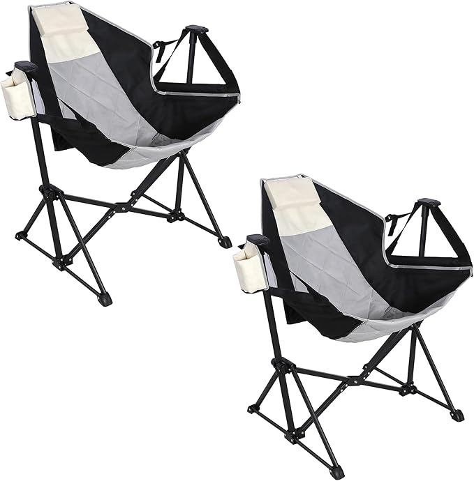 Hammock Camping Chair with Adjustable Backrest Portable Folding Rocking Camping Chair with Ergonomic Seat &amp Padded Headrest Ideal for Camping Travel Tailgating Black &amp Beige 2 Pack