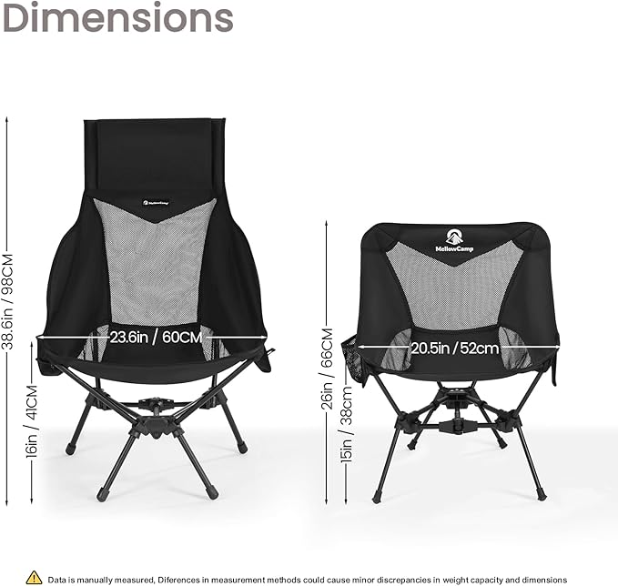 MellowCamp High Back Camping Chair Oversized Comfort Design Collapsible Camp Chair with Pillow (Black)