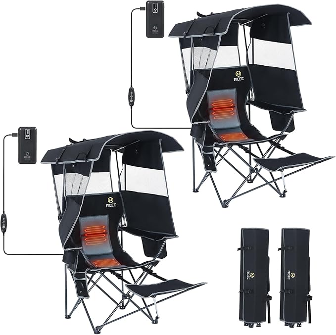 Nice C Chair with Canopy Heated Camping Chair with Battery Outdoor Sports Chairs with Shade Heated Folding Umbrella Lawn Chairs with Removable Footrest (2-Pack)