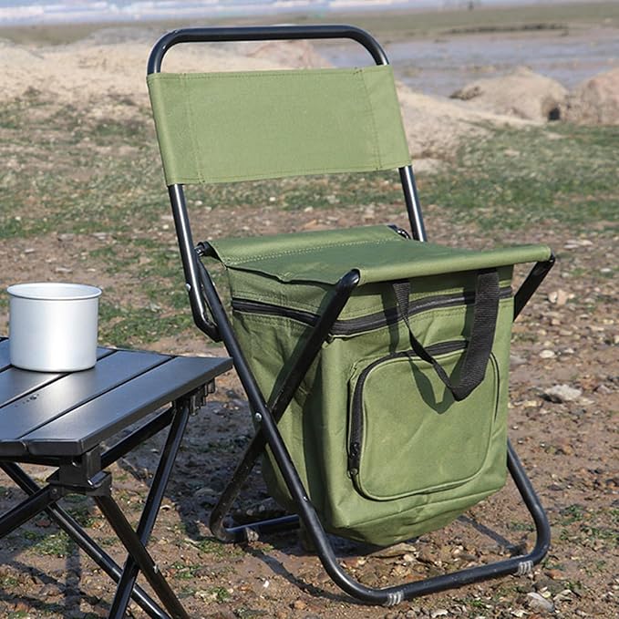 Foldable Fishing Chair with Cooler Bag Compact Fishing Stool Portable Backrest Stool with Backrest for Finishing Travel Camping Hunting Hiking (Olive Green)