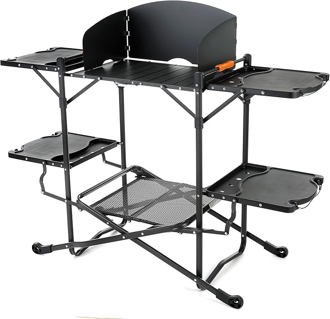 ARROWHEAD OUTDOOR 54 Wide Quick Folding Kitchen Station with Add-on Windscreen 4 Side Tables Aluminum Tabletop Tool-Hanging Cord 154 LBS Max Weight Load for Patio BBQ and Camping
