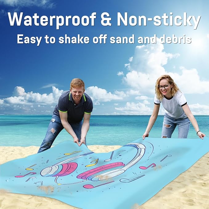 Waterproof Sandproof Beach Blanket 59''×68'' Music Headphones Polyester Outdoor Picnic Blanket with 4 Stakes &amp Storage Bag for BeachCampingVacation Blue