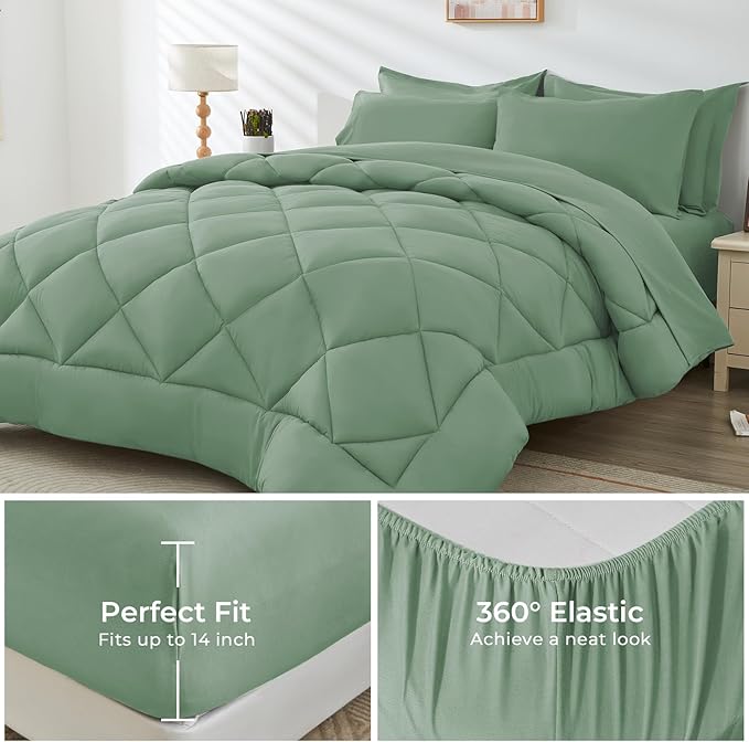 HEVUMYI Light Green Full Comforter Set - 7-Piece All Season Bed in a Bag Full Ultra Soft Bedding Set with Comforter Flat Sheet Fitted Sheet Pillowcases Pillow Shams