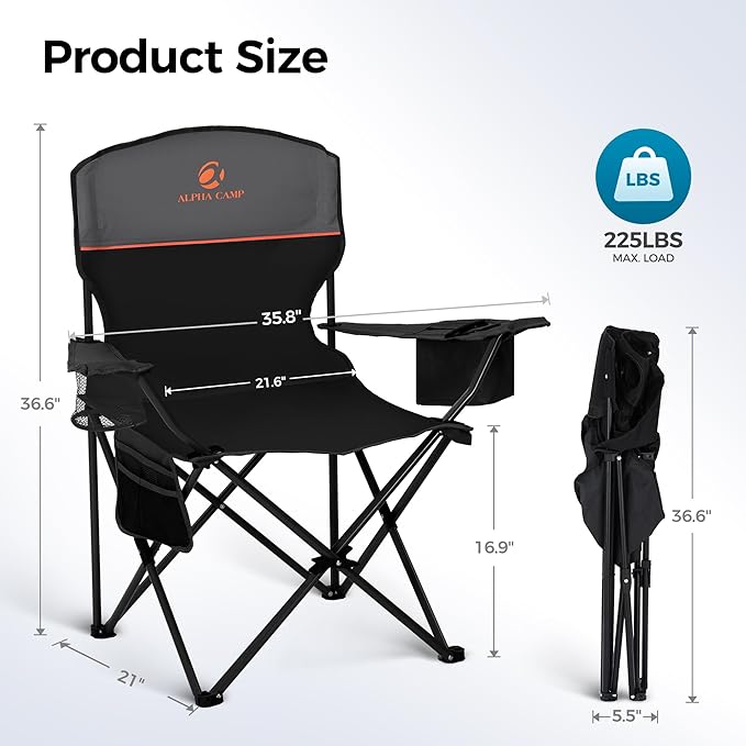 ALPHA CAMP Camping Chair 2 Pack Portable Chair with 3-Can Cooler Folding Chair with Side Pocket and Cup Holder Collapsible for Camping Tailgates Beach Fishing and Sports2PC