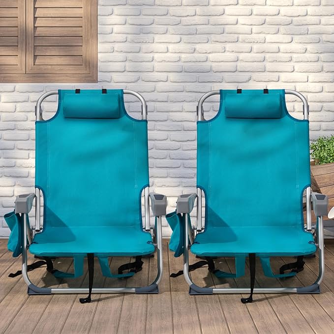 Portable Lightweight Folding Chair for AdultsOutdoor Low Beach Lawn ChairsPortable Backpack Foldable Camping ChairFolding Beach Chairwith Cup Holderfor Patio Pool Yard Garden (Mint Green)