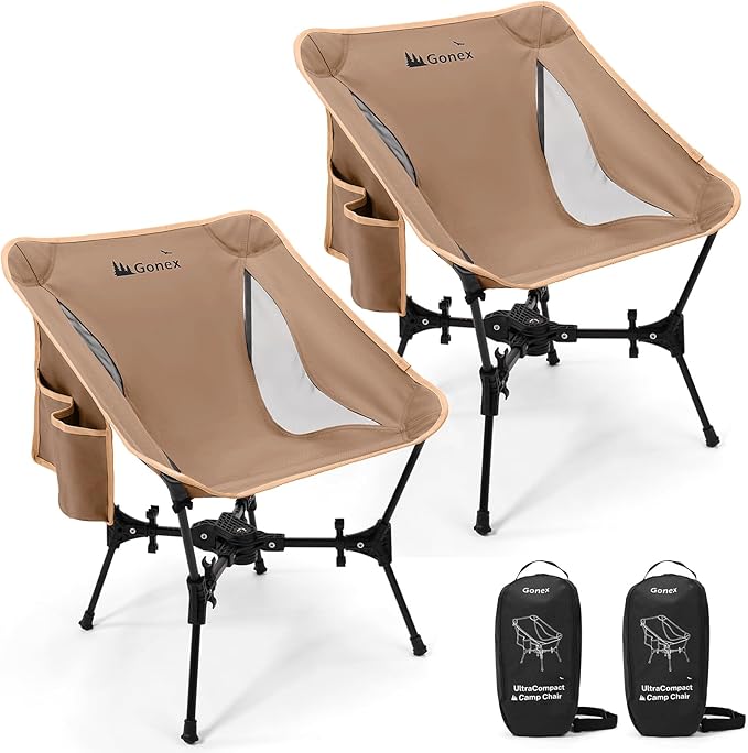 Gonex Portable Camping Chair The 5th Gen Ultralight Compact Backpacking Foldable Lightweight Folding Chair for Outdoor Camp Hiking Beach Picnic Concert Supports 330lbs (Khaki 2 PCS)