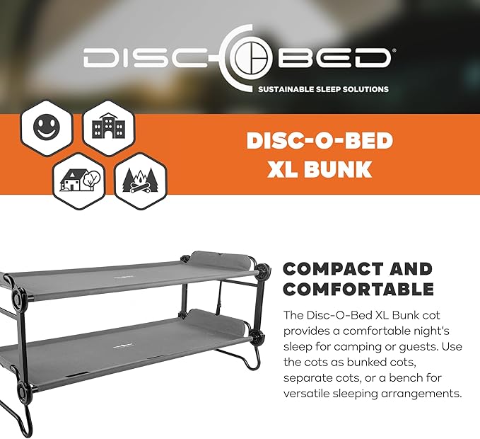 Disc-O-Bed XL Outdoor Modular 2 Person Double Camping Cot Portable Bed with 2 Height Options for Adults Sleep Solution for Tents Grey