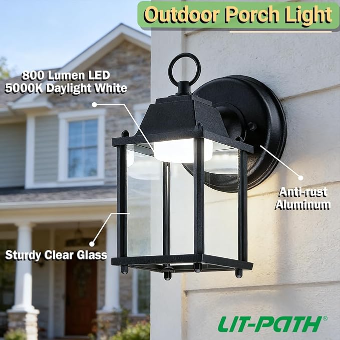 LIT-PaTH Outdoor LED Wall Lantern Wall Sconce as Porch Lighting Fixture 5000K Daylight White 9.5W 800 Lumen Aluminum Housing Plus Glass Black Finish 1-Pack