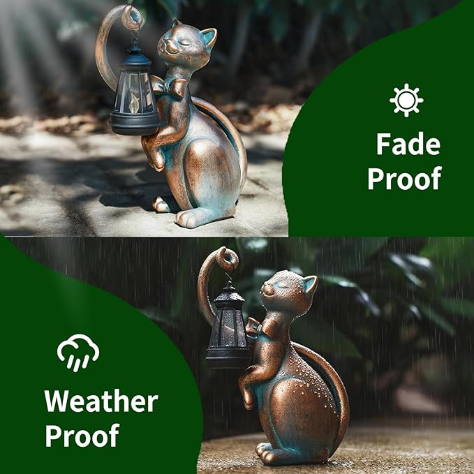 WHIMSYNOOK 10.7 Bronze Cat Garden Statue with Solar Light – Outdoor Yard &amp Lawn Décor Charming Cat Figurine Gift for Mom &amp Cat Lovers