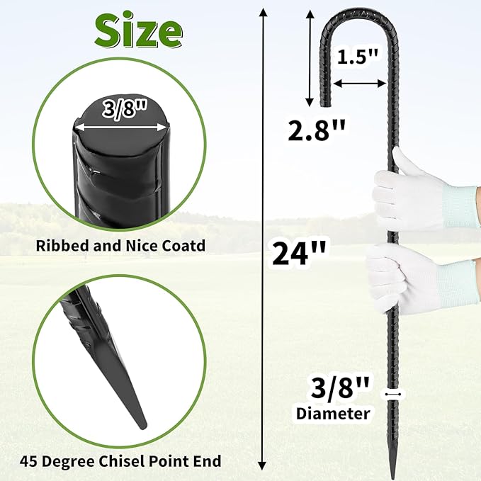 24 inches J Hook Rebar Stakes (16-Pack) Extra Long Garden Stakes with Chisel Point End Steel Rebar Ground Stakes for Tent Chain Link Fence and Outdoor Decorations Black Coated